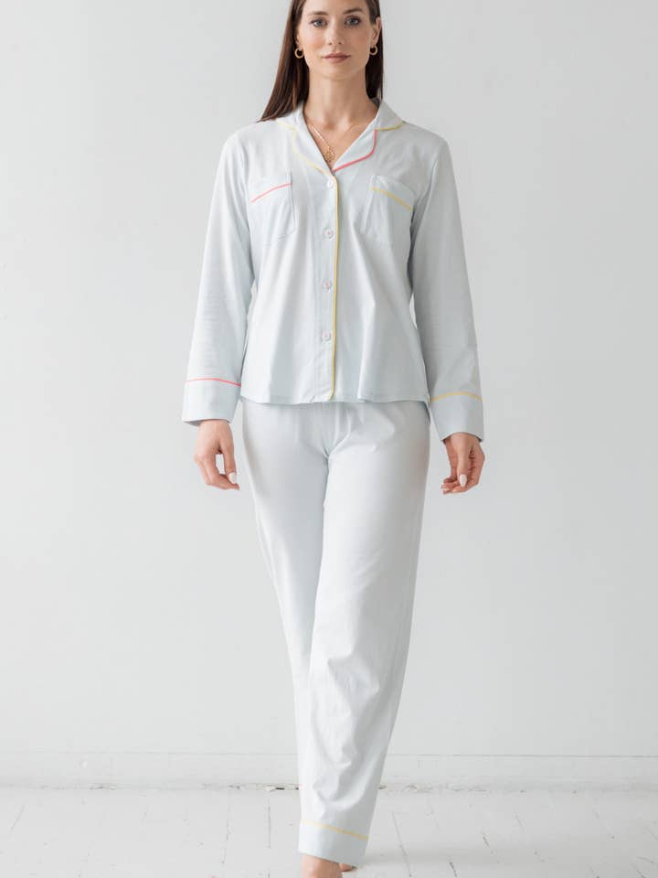 Pyjama de luxe classique avec double passepoil en coton Pima brossé pour la vente par Salua Lingerie