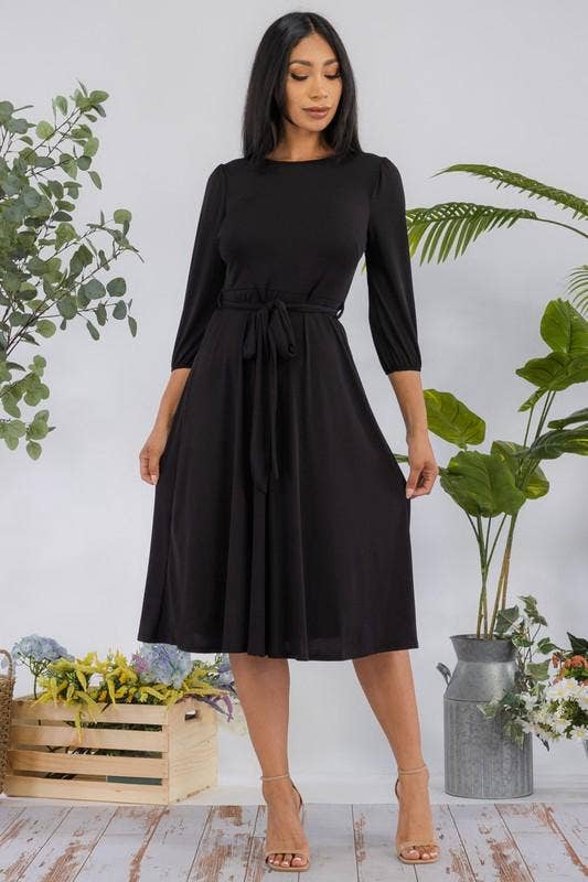 H&H Fashion Inc. – Großhandel Kleid – Damen – HH583X-S Plus Size Midi-Kleid mit Bindegürtel, Puffärmeln & Schlüsselloch-Ausschnitt0