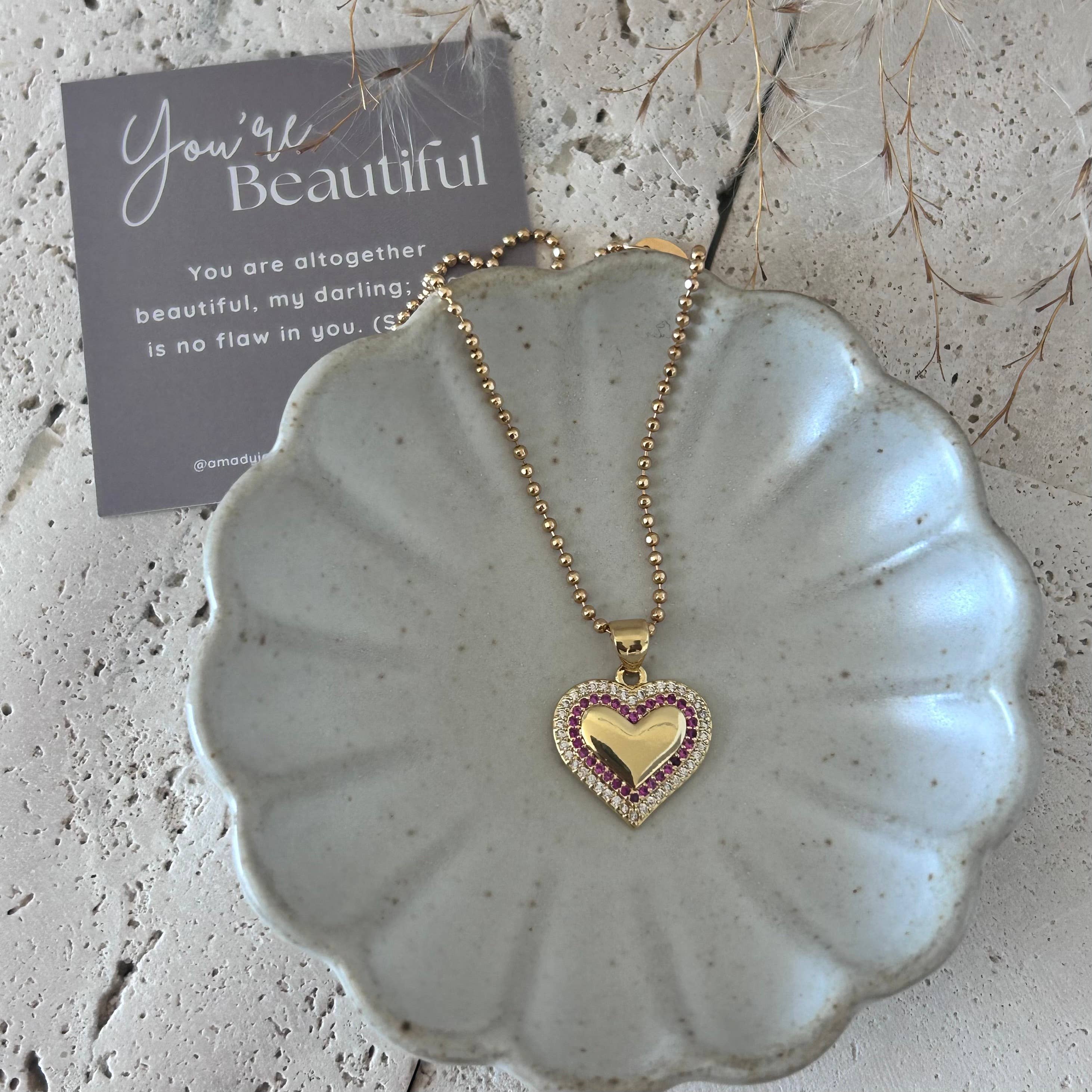 Amady Jewelry - Vendita all'ingrosso Collana con ciondolo/pendaglio - Collana con ciondolo a cuore piccolo pavé e catena di perline di vetro rosa.6