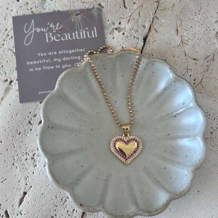 Amady Jewelry - Vendita all'ingrosso Collana con ciondolo/pendaglio - Collana con ciondolo a cuore piccolo pavé e catena di perline di vetro rosa.6