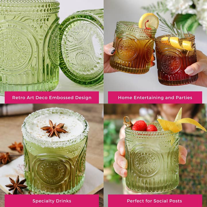 Kate Aspen - Wholesale Drinking glass/cup - 10 oz. Ribbed Retro Arch Floral Green Drinking Glasses (Set4