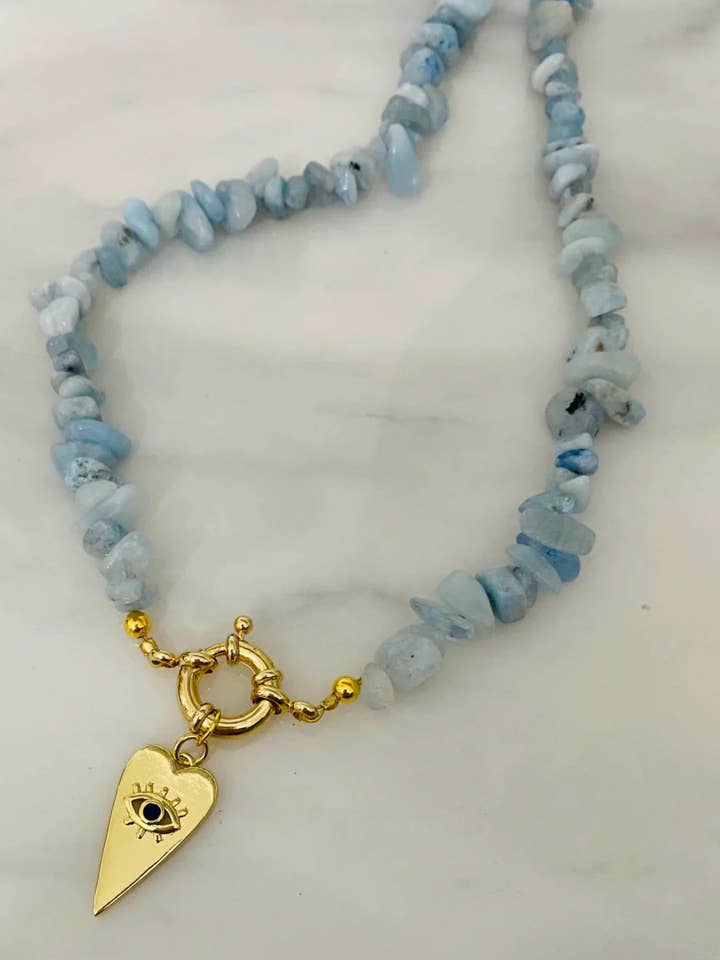Aquamarijn Evil Eye Heart Toggle halsketting voor wholesale door DinnerPartyDarling