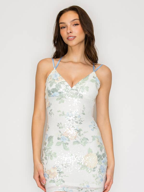 CD30976: VESTIDO MINI FLORAL CON LENTEJUELAS Y ESPALDA CRUZADA para venta al por mayor de Lovesome