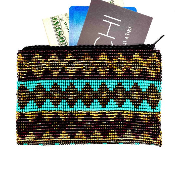 Brown & Turquoise Multi Diamond Zipper Pouch for wholesale by KAQCHI