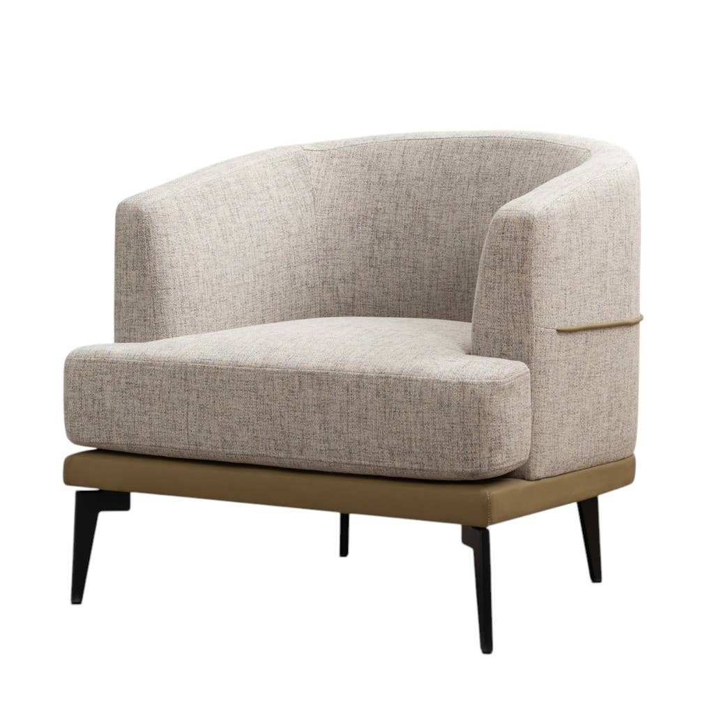 HomeRoots – Cadeira por atacado – Cadeira de Barril em Linho Bege Camelo e Preto de 29" com Madeira Maciça e Compensada Estofada0