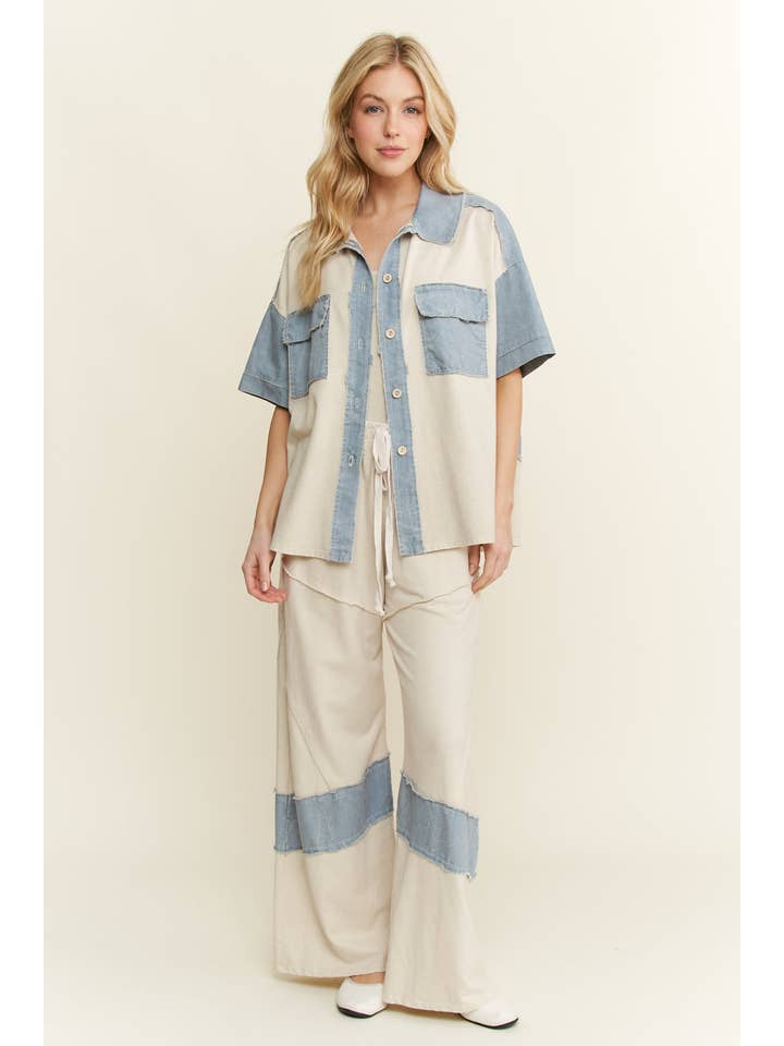 J.Her - Vendita all'ingrosso Giacca a camicia - Donna - Shacket con toppa sul retro a fiori lavato minerale HT646611