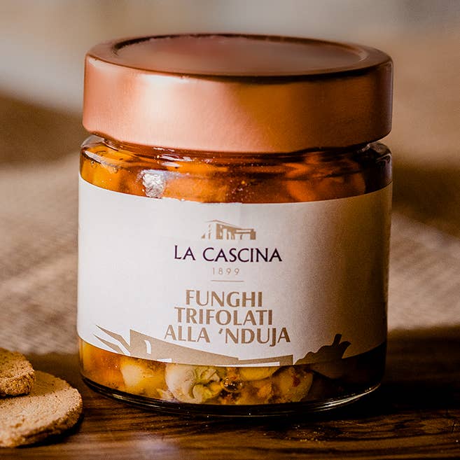 Sautéed mushrooms with 'nduja 210g for wholesale by La Cascina 1899