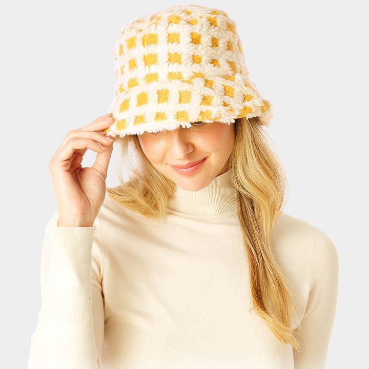 Check Patterned Faux Fur Bucket Hat for wholesale by Sensibling Corp.