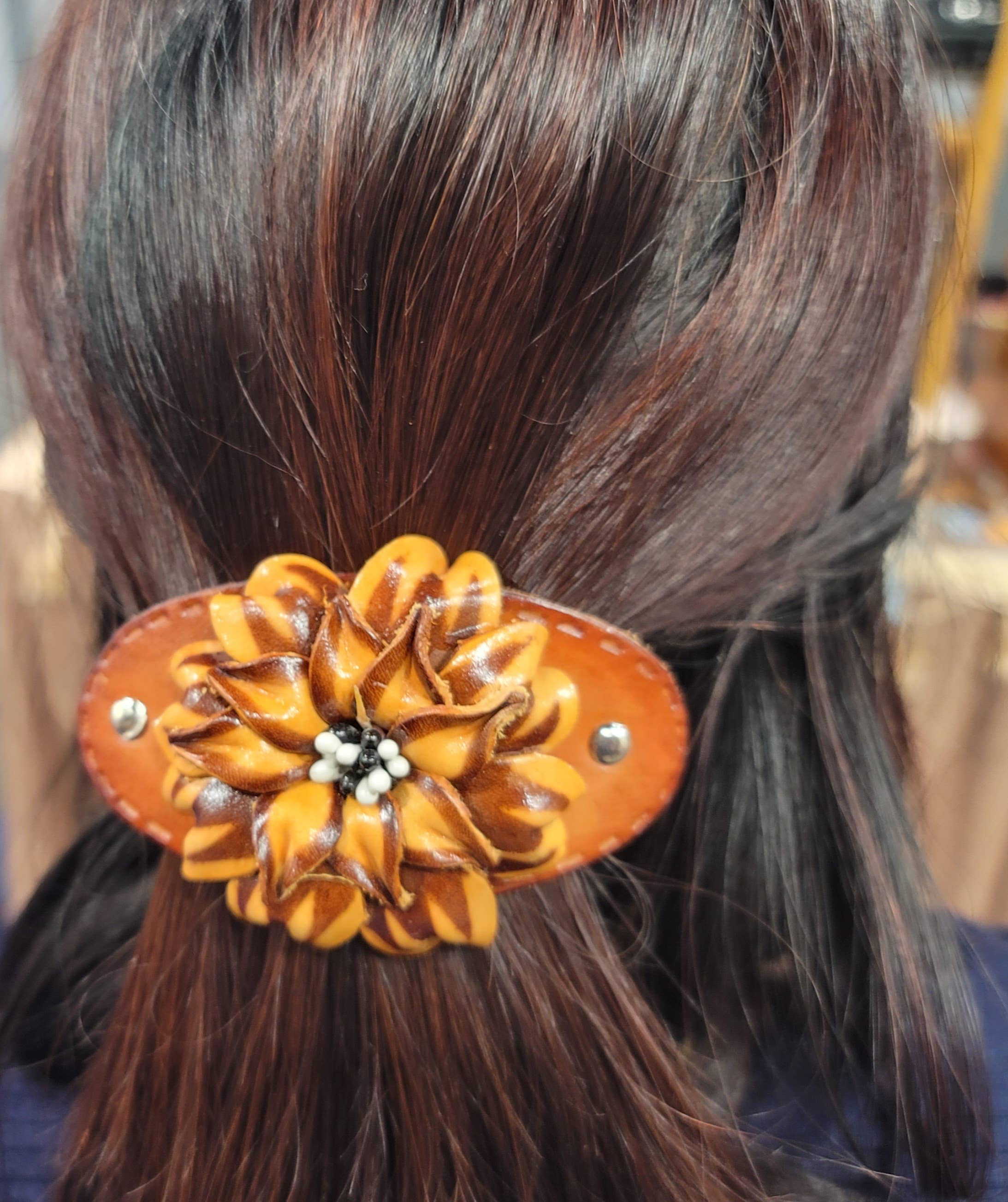 Sunflower Handmade leather inc - Wholesale Barrette - Women's - as0003-2 6 pcs woodstick and 6 pcs metal leather barrettes7
