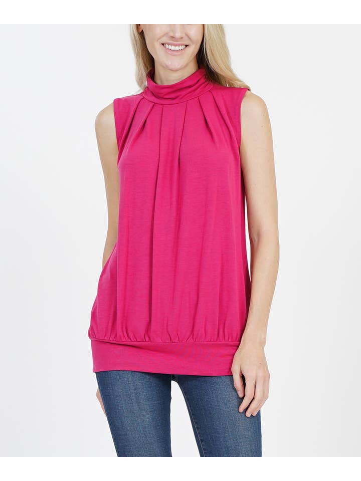42POPS - Wholesale Blouse - Women's - ...._ SI-22453 SLEEVELESS HIGH NECK PLEATED TOP WITH WAISTBAND