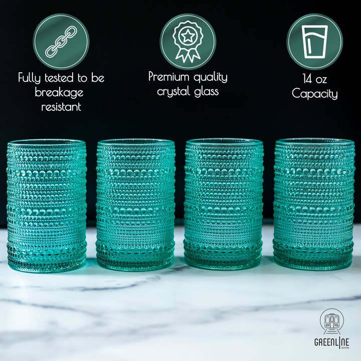 Greenline Goods - Wholesale Drinking Glass/Cup - Hobnail Drinking Glasses - Green 14 oz ( Set of 4 )2