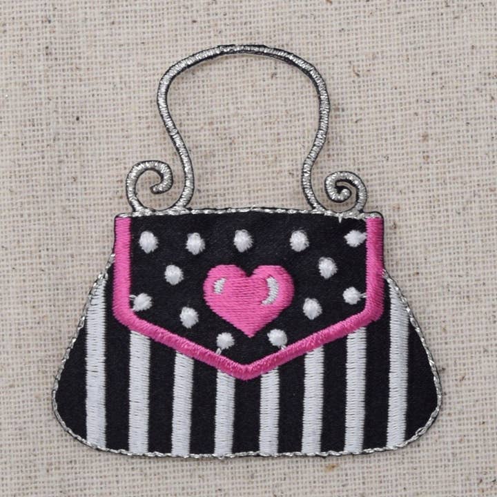 Purse - Black and Silver Striped - Pink Heart - Hand Bag - Iron on Applique - Embroidered Patch - 695583-B for wholesale by Wholesale Applique