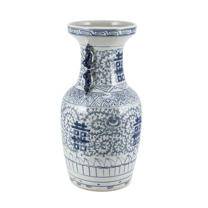 Legend Accents - Wholesale Vase - Blue And White Double Happiness Flower Vase With Ears