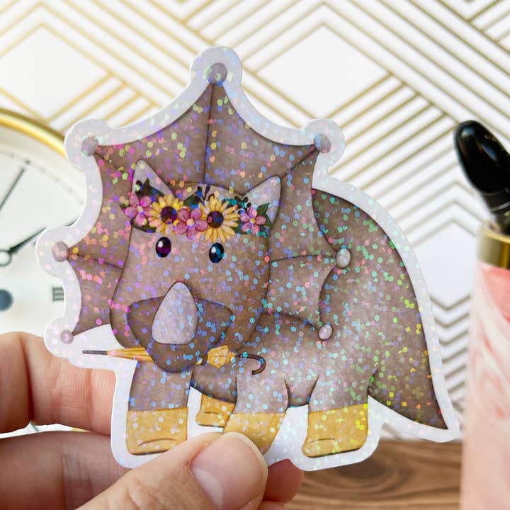 Holographic Spring Dinosaur Die Cut Sticker - Triceratops for wholesale by Divers Doodles