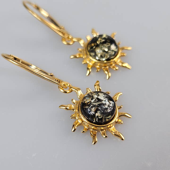 AmberLithuania - Vendita all'ingrosso Orecchini pendenti - Orecchini a forma di sole in oro e argento con pendente a filo, a forma di sole