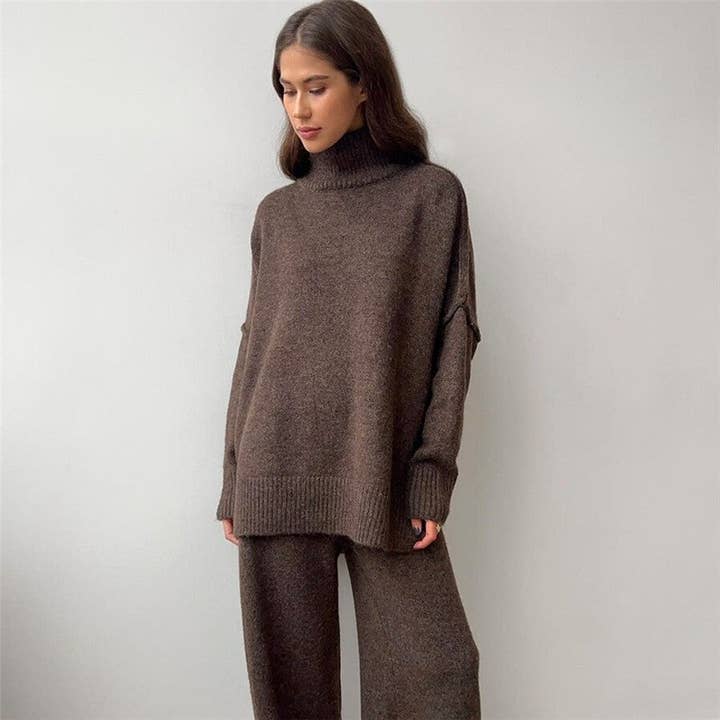 UZ Wholesale Store - Wholesale Lounge Set - Women's - Solid Color High Neck Sweater Knit Long Pants Set7