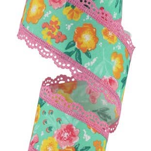 2.5"X10YD Mint Green/Multi Soft Florals/Scalloped Lace Ribbon RGC8126AN for wholesale by Trendy tree