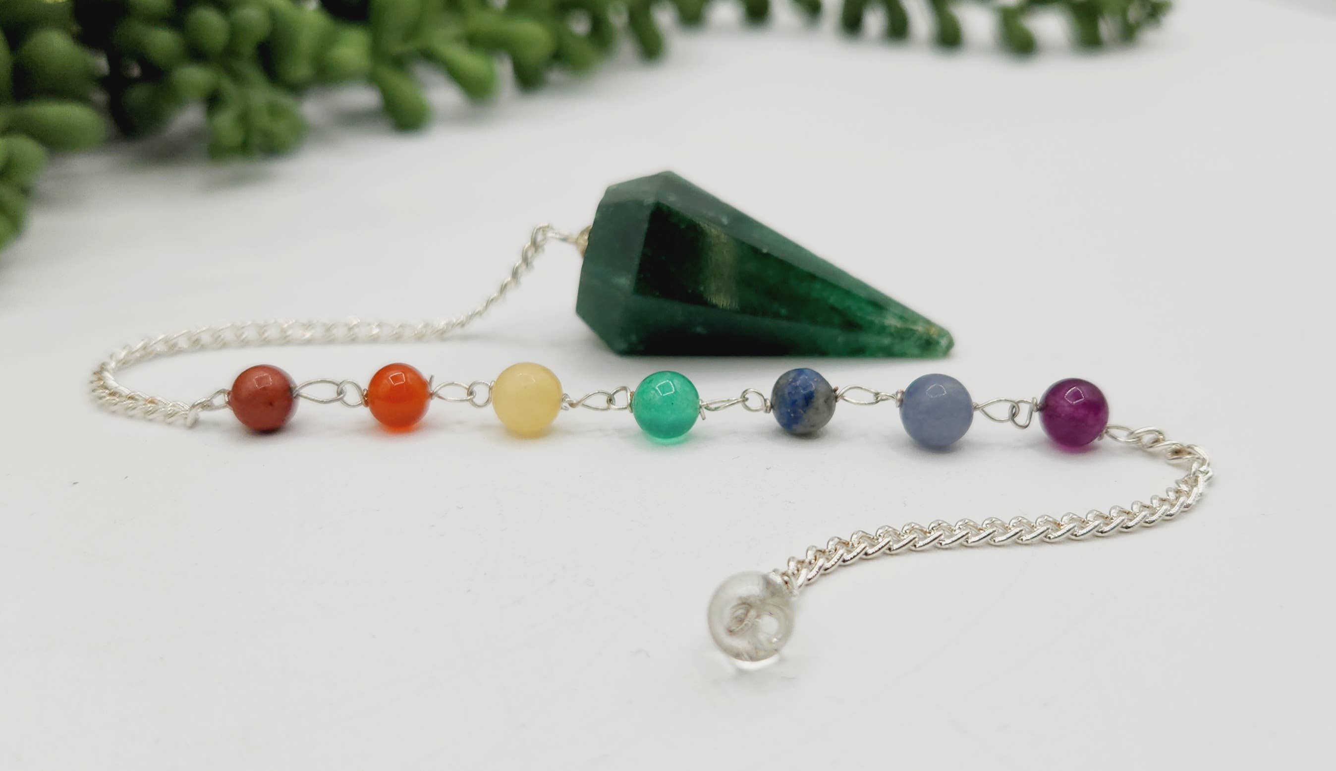 Meraki Gemstones - Wholesale Meditation Supplies - Jade Pendulum w/Chakra Beads-Silver Plate Chain2