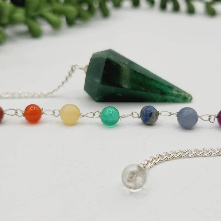Meraki Gemstones - Wholesale Meditation Supplies - Jade Pendulum w/Chakra Beads-Silver Plate Chain2