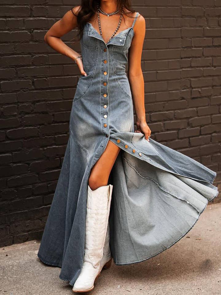 KK Bloom - Wholesale Dress - Women's - Button-Front Denim Maxi Dress5