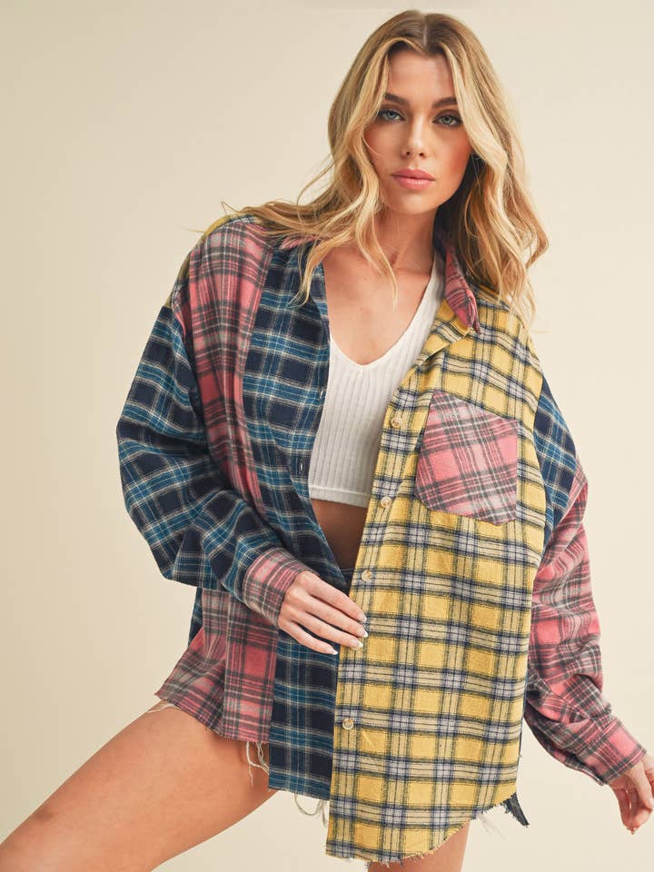 Blue Pink Yellow 8316DN  Neela Multi Color Plaid Flannel Shirt for wholesale on Faire0