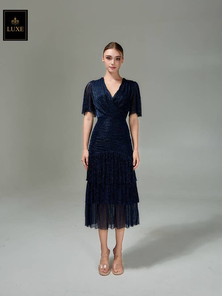 V-Neck Flare Sleeve Layered Ruffle Hem Dress for wholesale by AlexyDesings