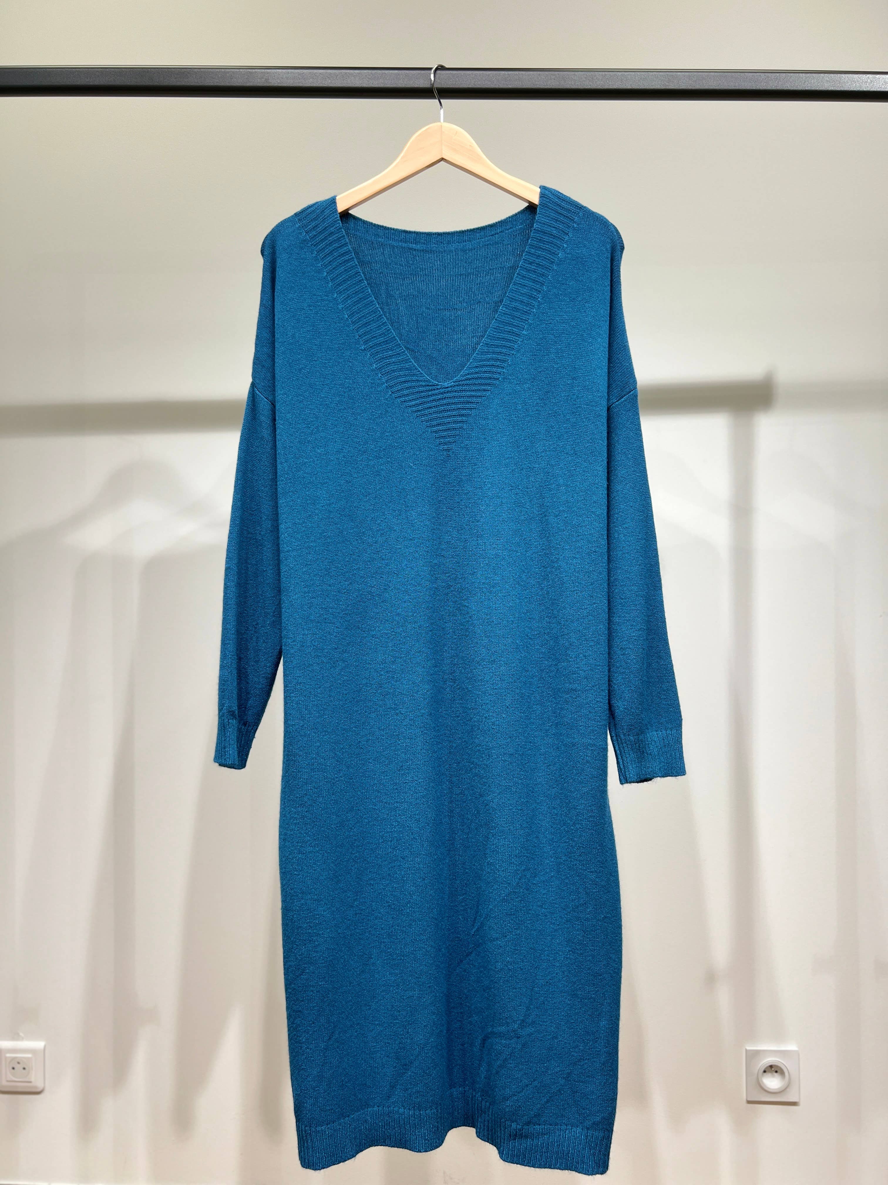 L'Emotion - Vente Robe – femme - Robe Pull Maille Fine Bord-Côtes Côtelé Col V6