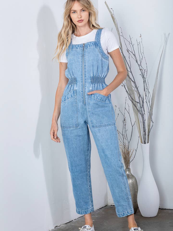 Light Denim jumpsuit with zipper and elastic waist for wholesale by Gypsie Jane