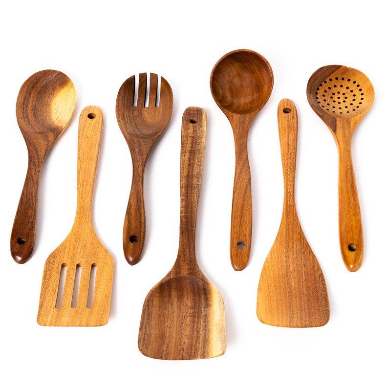 New Living - Vente Assortiment d'ustensiles de cuisine - Ensemble d'ustensiles de cuisine de 7 pièces pour cuisiner 30 cm, acacia2