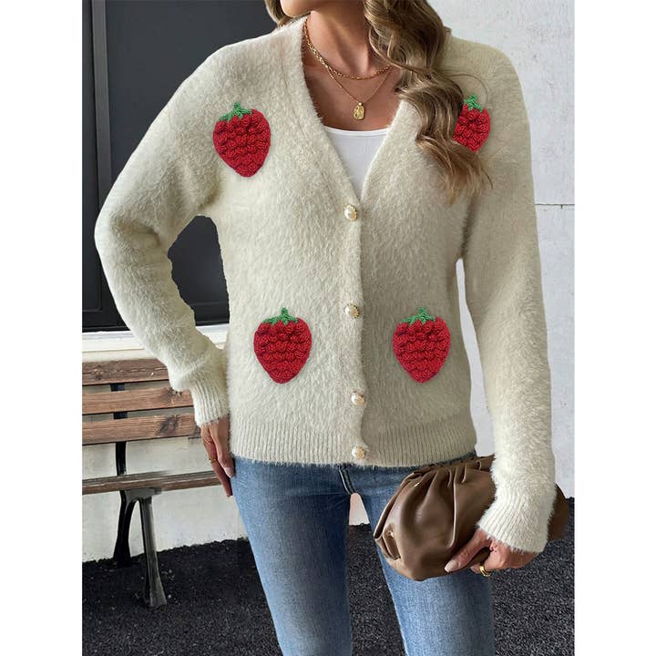 UNISHE - Wholesale Knit Sweater - Women's - Button Embroidered Strawberry Patchwork Knit Cardigan OYM2518
