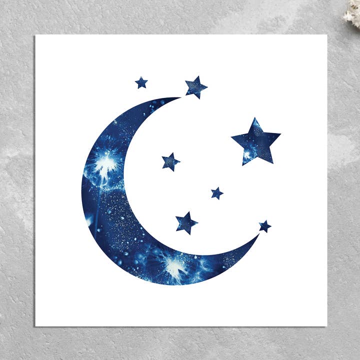 Blue Moon & Stars Card: Nature-Inspired, Pressed Botanicals for wholesale by The Sun's Recipe