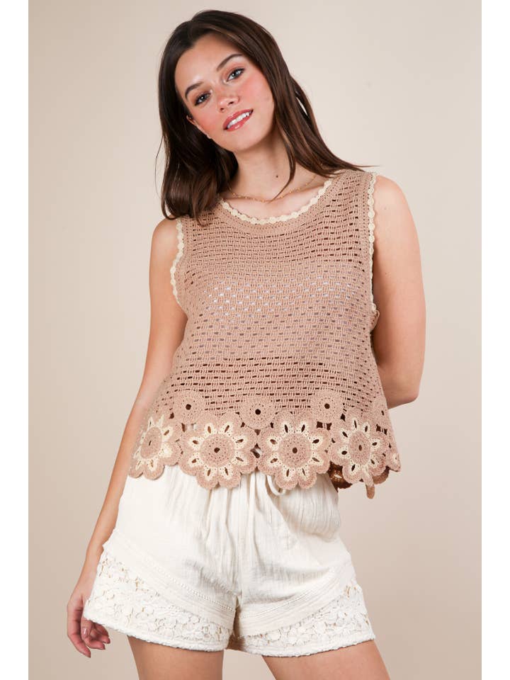 NATURAL NT12140-Floral Trim Detail Crochet Top for wholesale on Faire