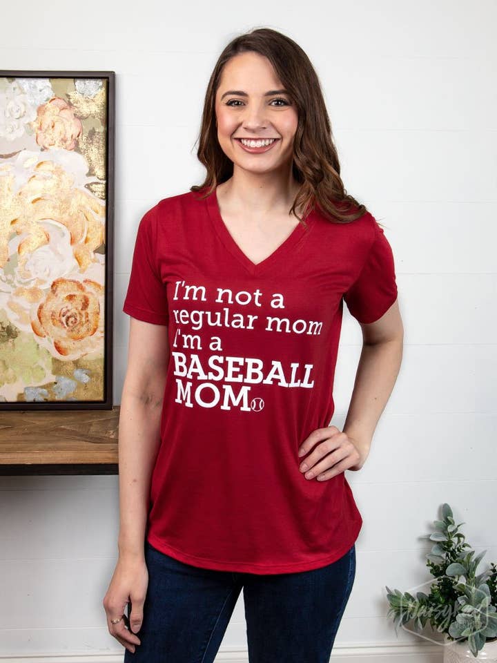 I'm a Baseball Mom on Crimson V-Neck Tee for wholesale by GRACE+EMMA by Southern Grace