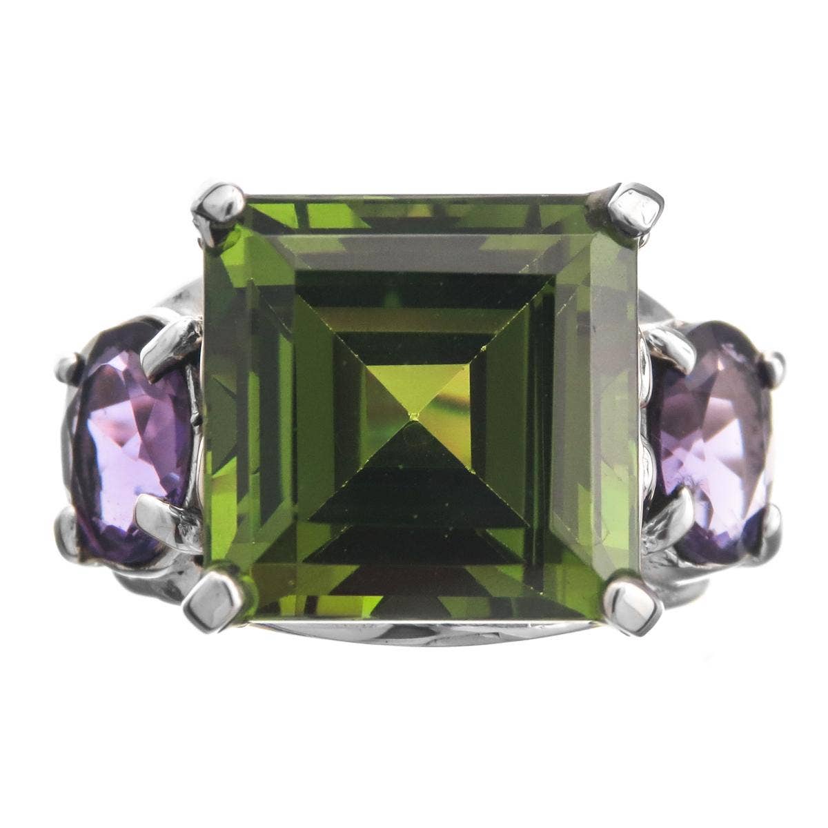 FifiRose - Vente Bague de cocktail/de cérémonie - bague cocktail visage en argent sterling 925 avec péridot et améthyste2