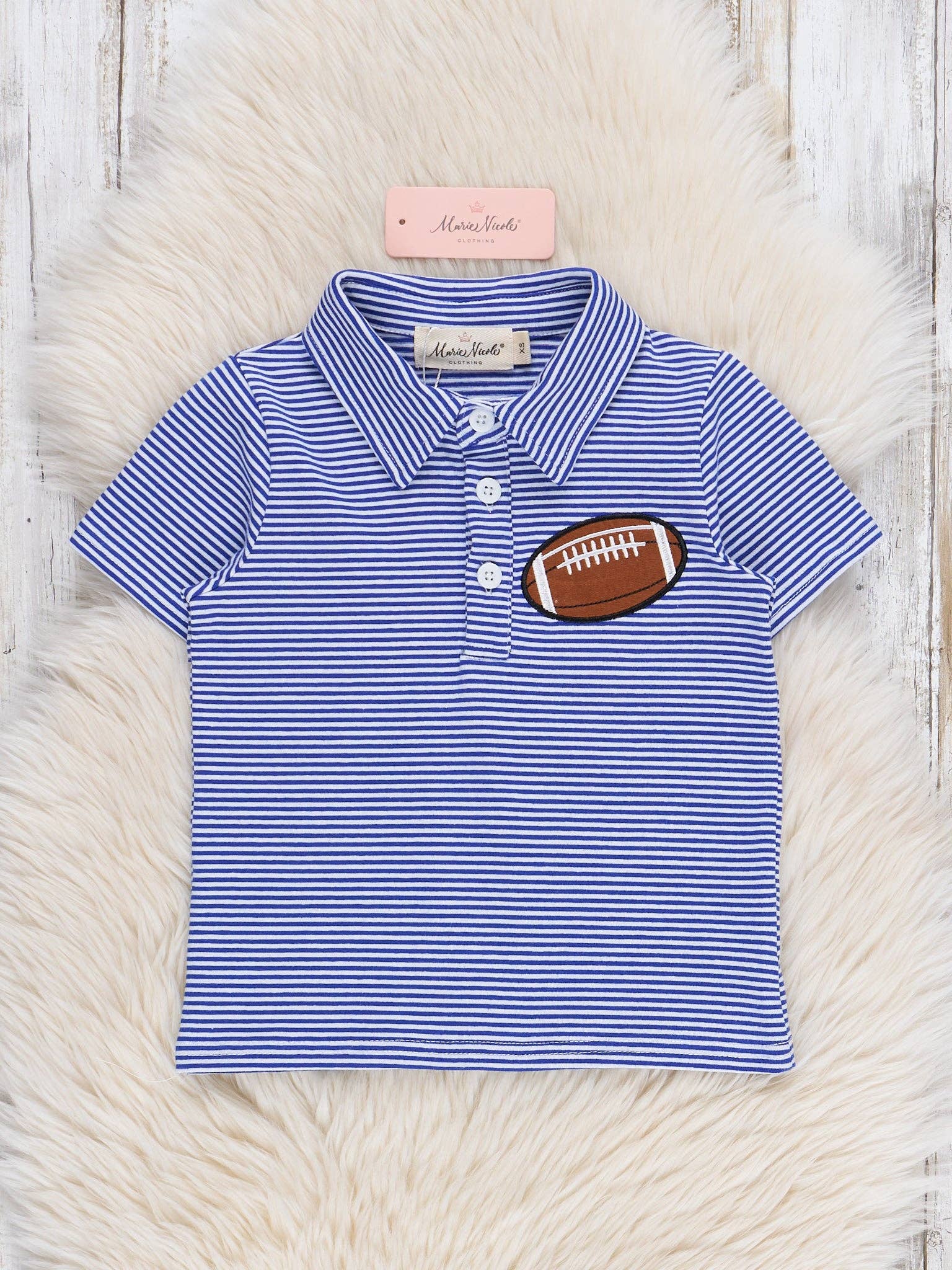 Marie Nicole Clothing - Wholesale T-Shirt - Kids - Blue Stripe Cotton Embroidered Football Polo Shirt0