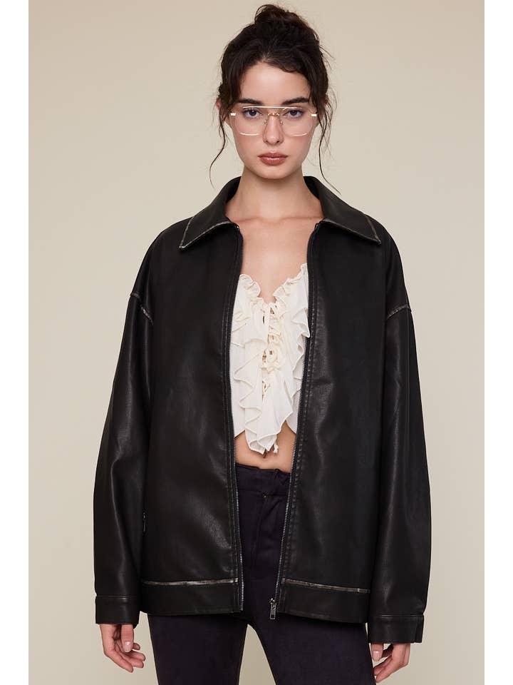 Sky to Moon - Wholesale Leather Jacket - Women's - FAUX LEATHER COLLARED OVERSIZED CASUAL JACKET10