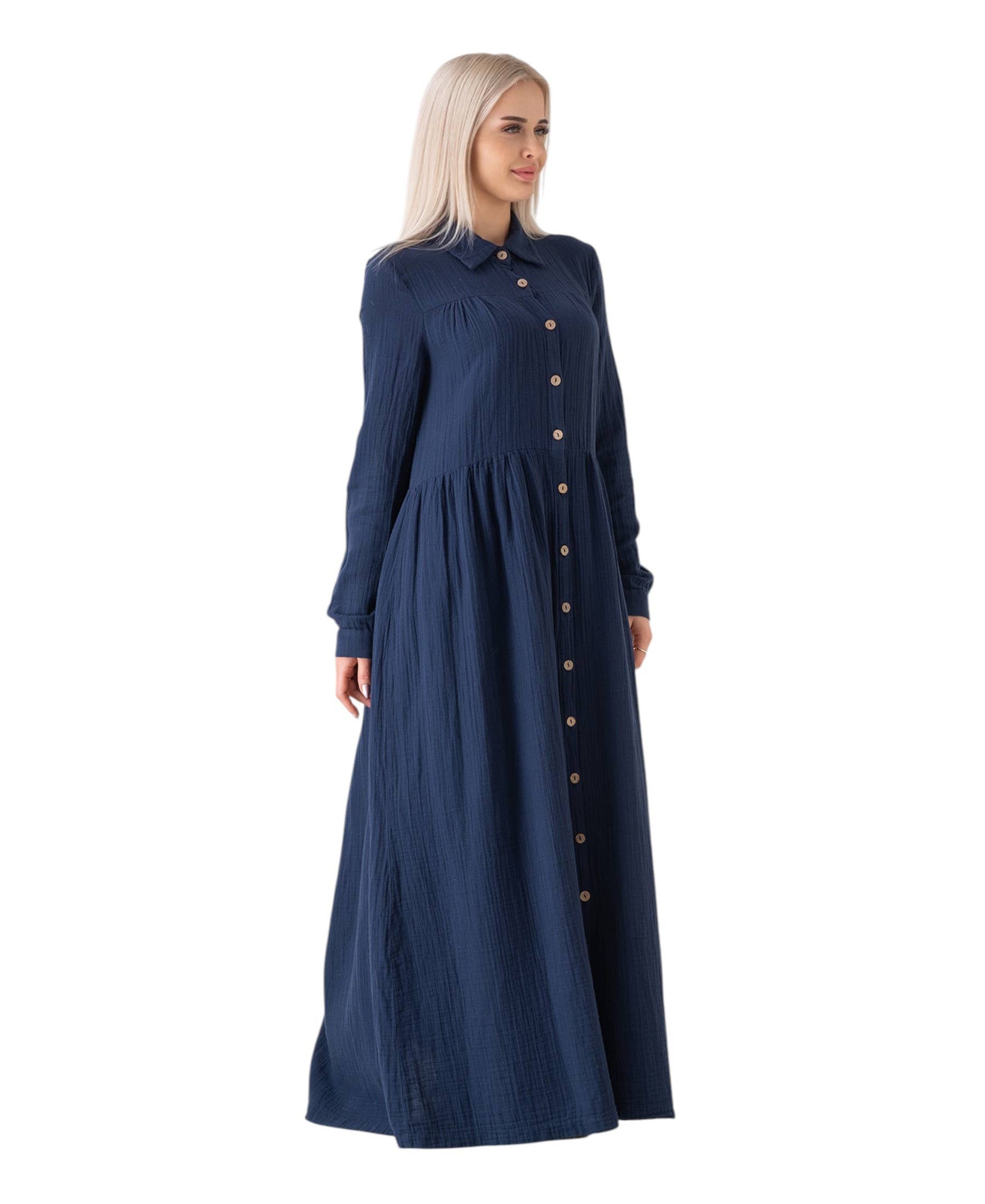 WENOR - Vente Robe – femme - Robe d'été longue en mousseline 100 % coton avec patte de boutonnage, 145 cm19