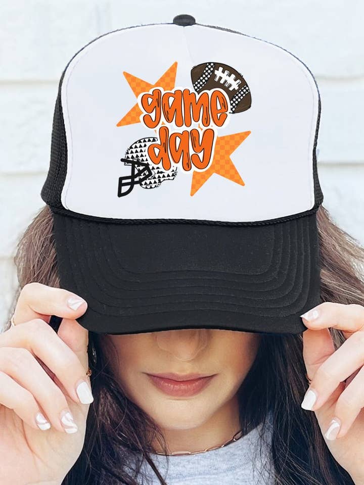 Orange Football Fever Otto Black with White Foam Front Trucker Hat for wholesale by Wholesale Accessory Market