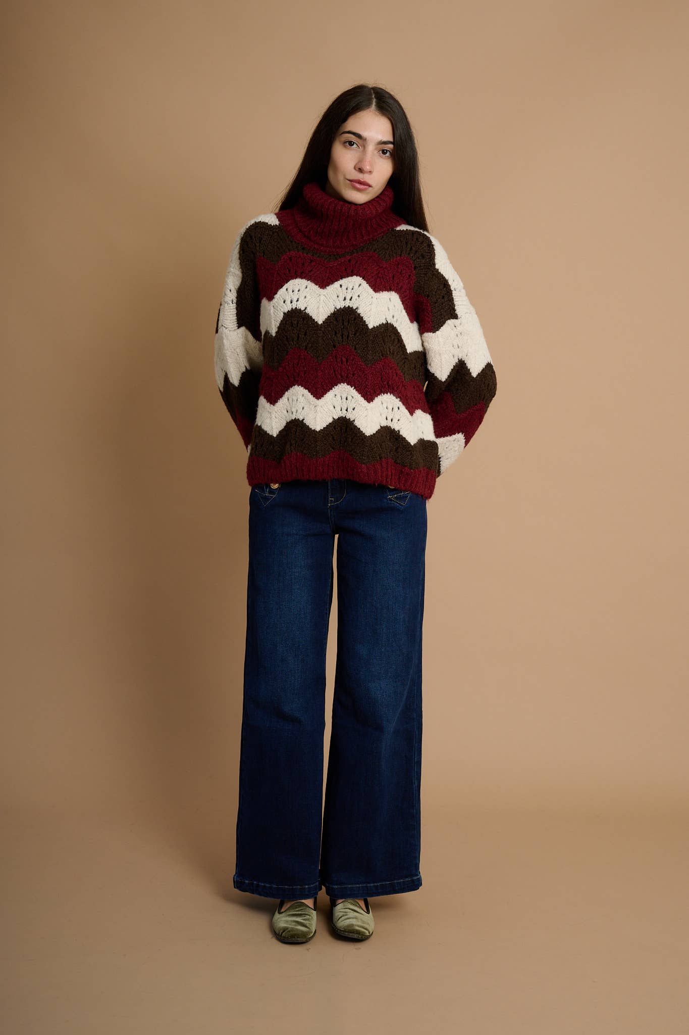 AMELÉ - Wholesale Knit Sweater - Women's - Multicolored zigzag chunky knit turtleneck sweater1