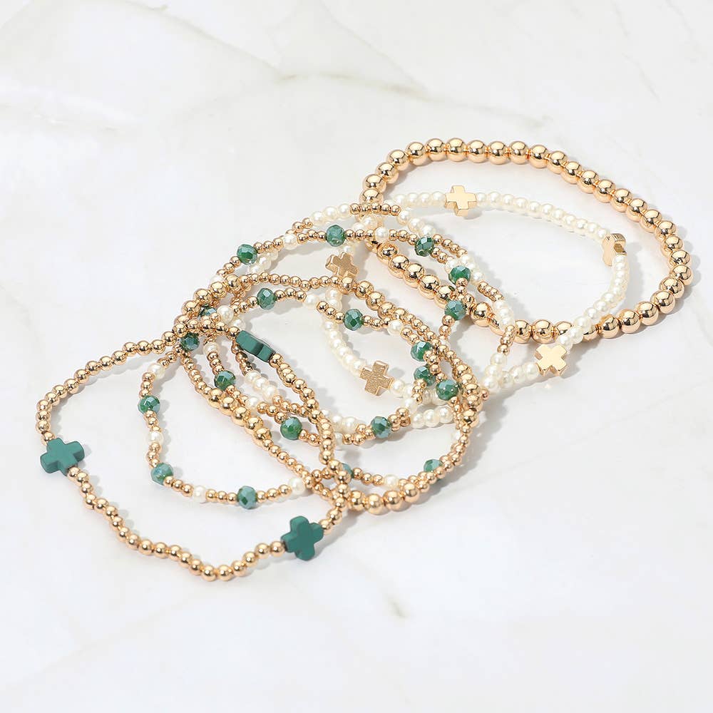 Sensibling Corp. - Wholesale Jewelry Set - 7PCS - Cross Pearl Metal Ball Beaded Stretch Multi Layered Bracelets1