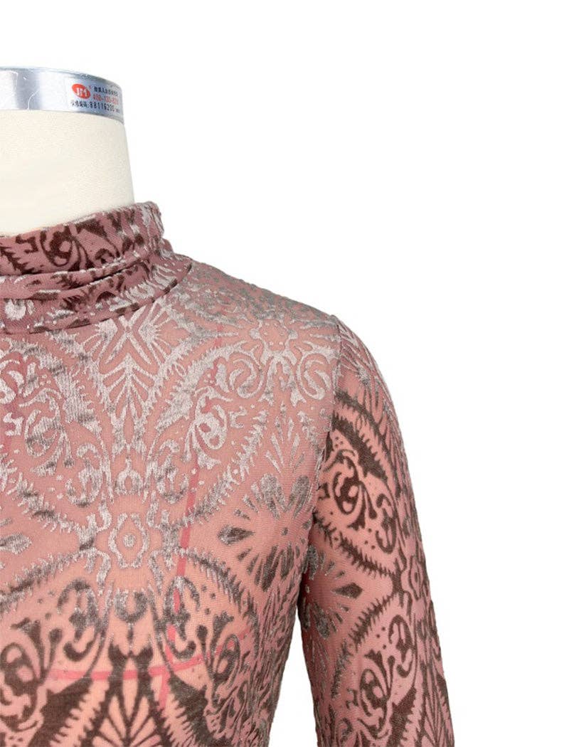 safistyle - Wholesale Blouse - Women's - High Neck Velvet Printed Long-Sleeve Top2