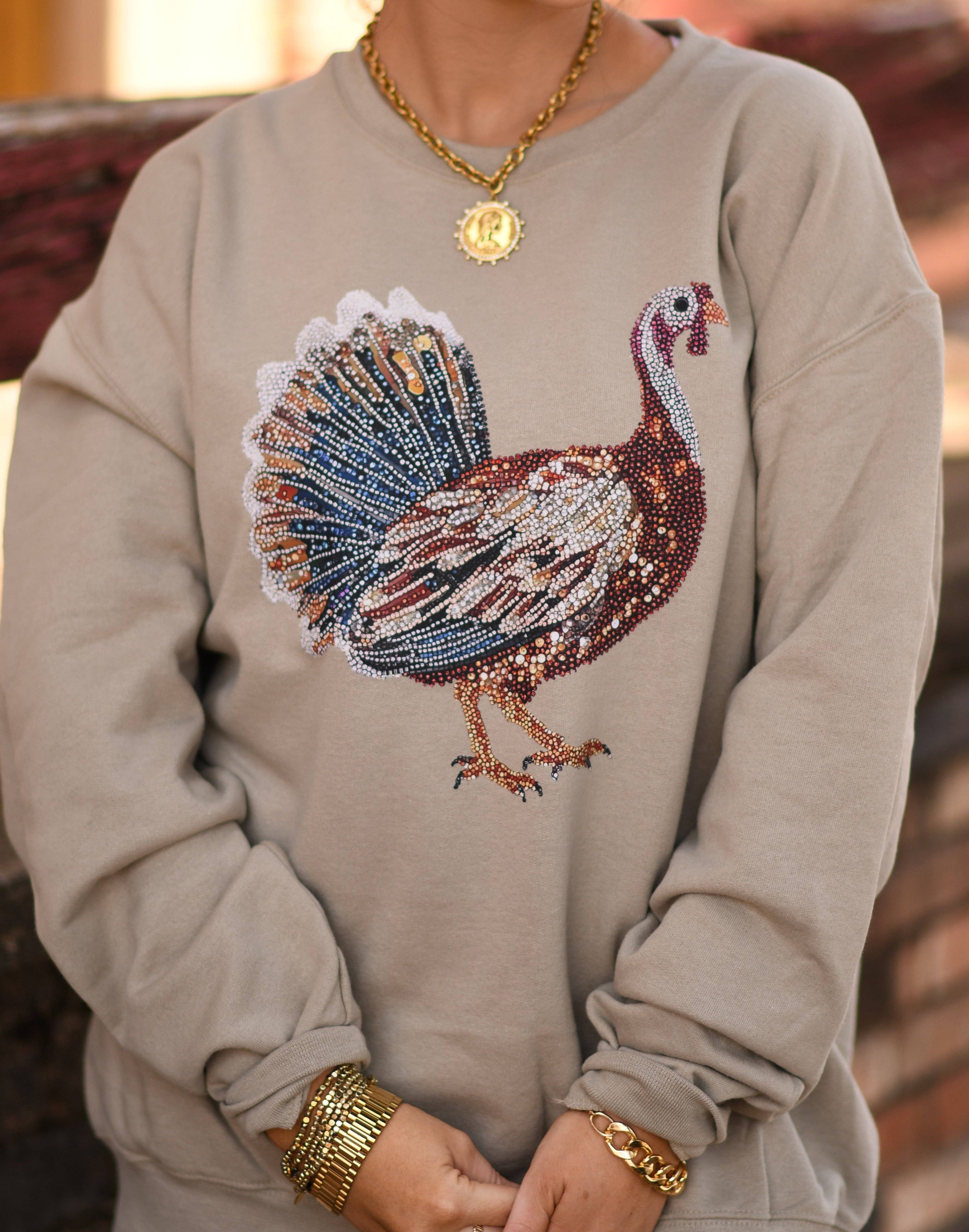 Khaki Faux Rhinestone Turkey Sweatshirt for wholesale on Faire3