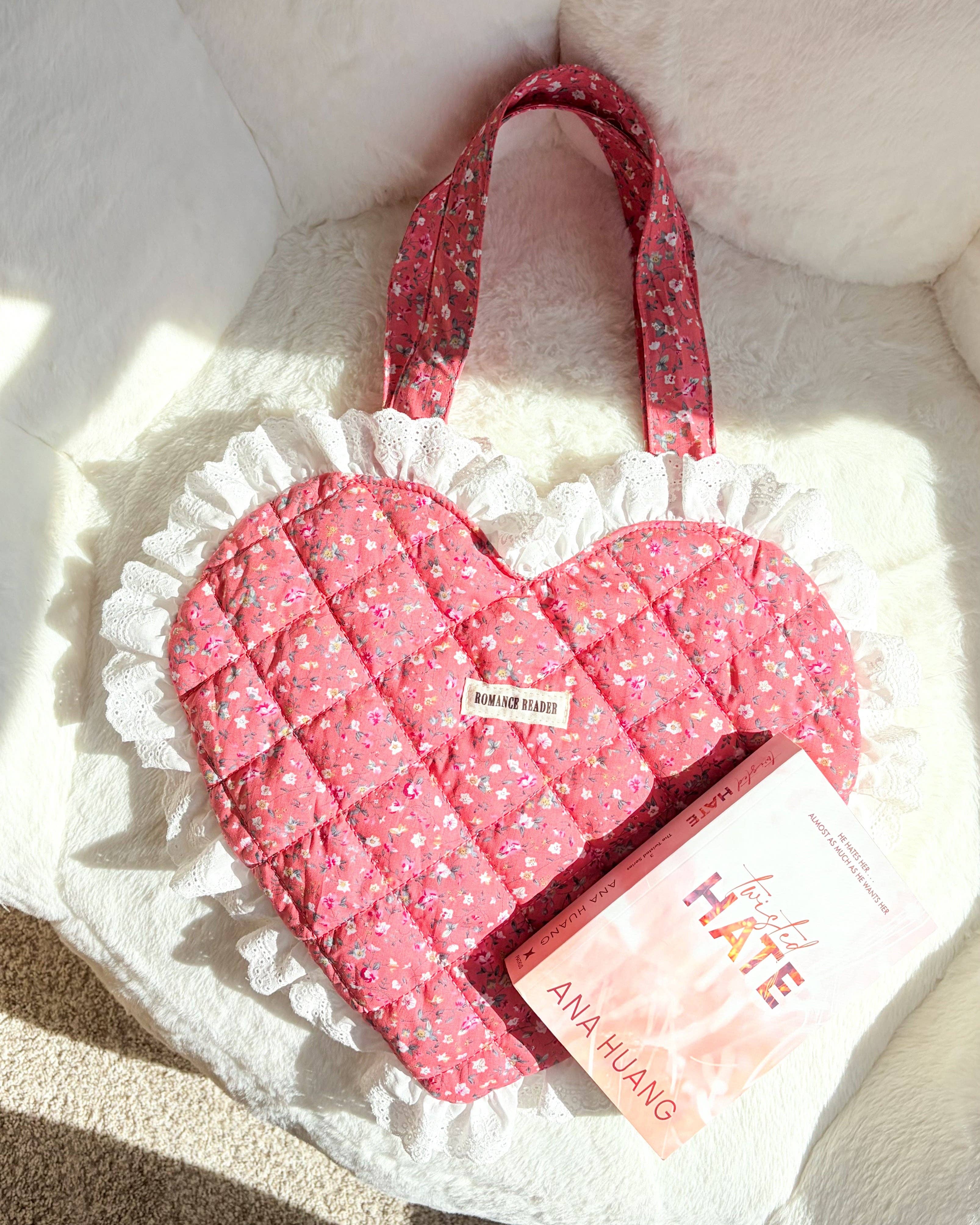 The Bean Workshop - Wholesale Tote Bag - Women's - Romance Reader Red Quilted Heart Tote Bag with Ruffled Lace Trimming4