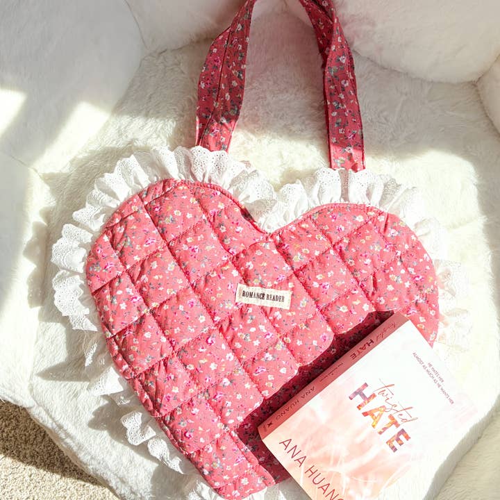 The Bean Workshop - Wholesale Tote Bag - Women's - Romance Reader Red Quilted Heart Tote Bag with Ruffled Lace Trimming4