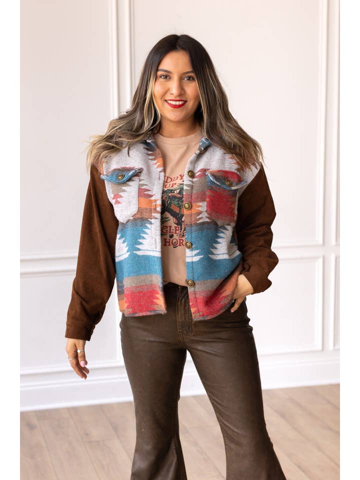 Brown Corduroy Canyons Aztec Print Shacket for wholesale on Faire