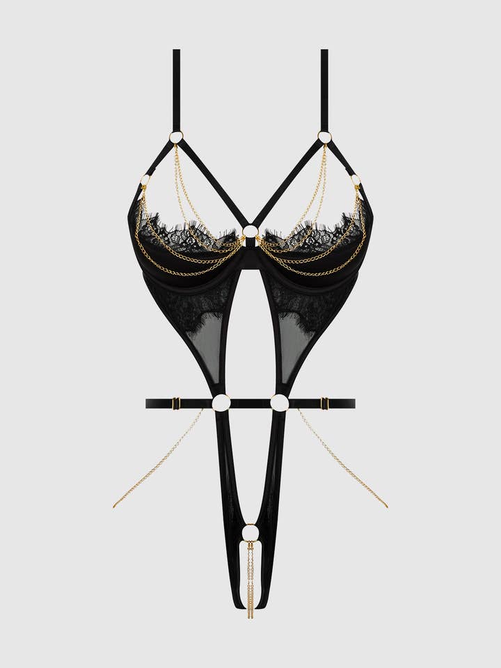 BLACK GOLD EVE LACE & CHAIN OPEN CUP & CROTCHLESS HARNESS TEDDY for wholesale on Faire