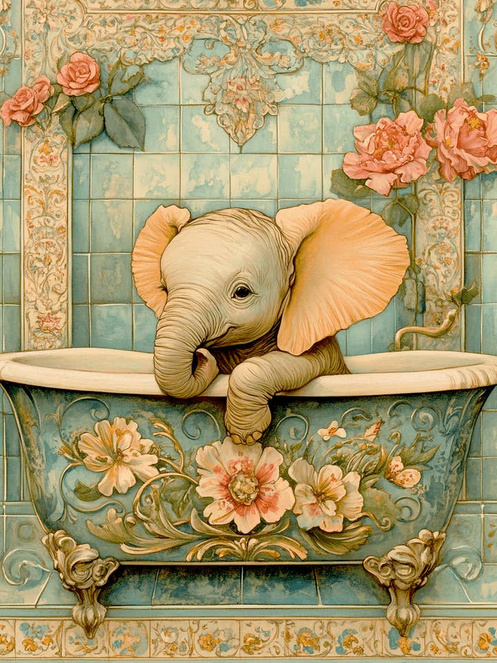 Baby Elephant in Fancy Bathtub - Bathroom Wall Art Prints – 8″x10″ Artwork for 11″x14″ Frame for wholesale by Mowbi