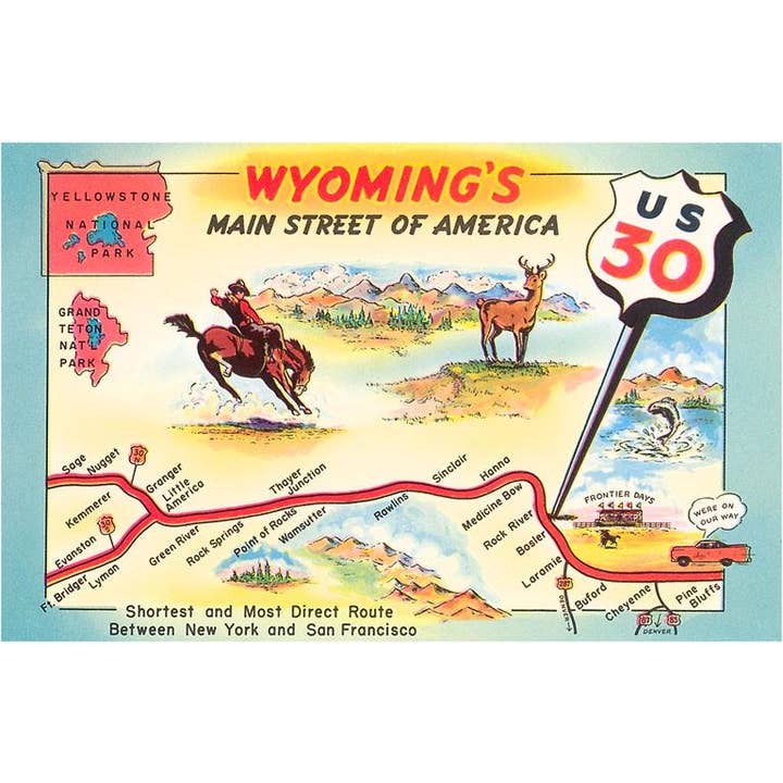 Found Image Press - Vendita all'ingrosso Cartoline - Cartolina WY-44 Mappa del Wyoming, Autostrada 30