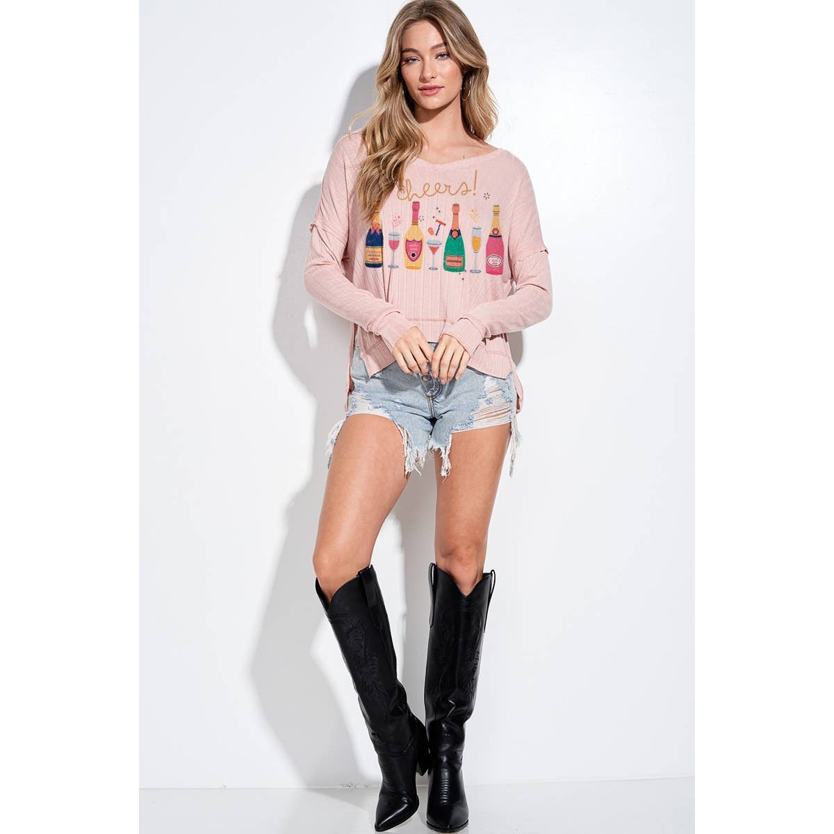 Phil Love – Großhandel T-Shirt mit Siebdruck – Damen – Feiertags-Champagnerflaschen-Langarmshirt mit V-Ausschnitt 1