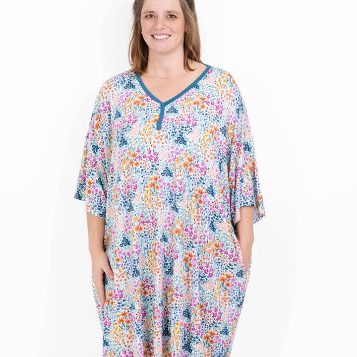 Whispering Wildflowers Women's Muumuu Lounge Tee (One size Fits XS - XXL) bamboo women pajama, bamboo muu muu sleepwear, bamboo nightgown, loungewear, bamboo night dress, loose fit sleepwear, breathable pajamas, comfortable pajama dress for wholesale by Jammie Session formerly Big Dreams Little Jammies